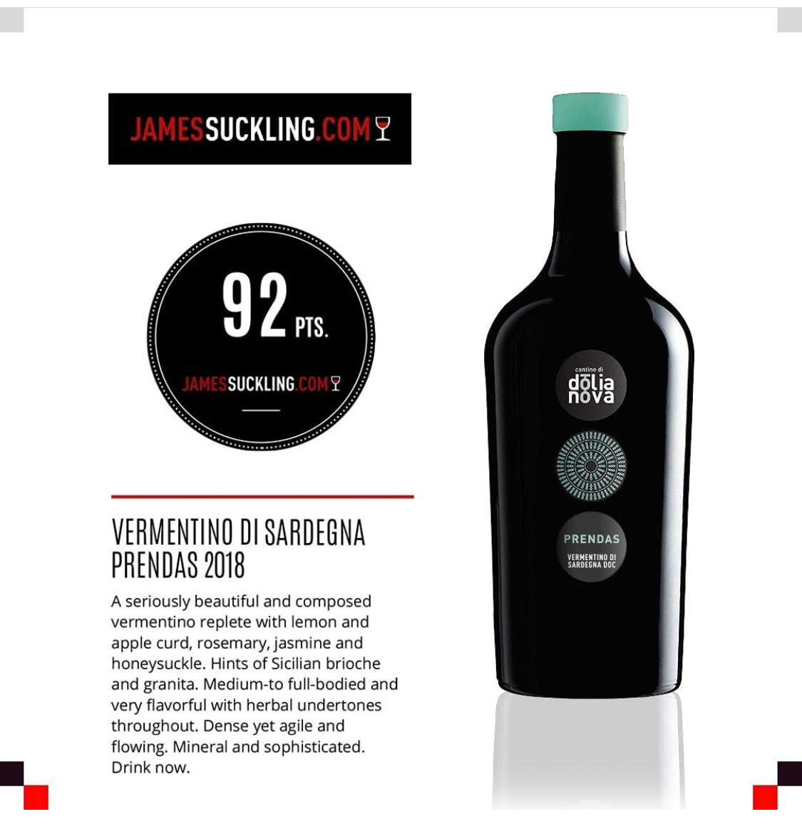 James Suckling 92 points for Prendas Vermentino di Sardegna DOC 2018