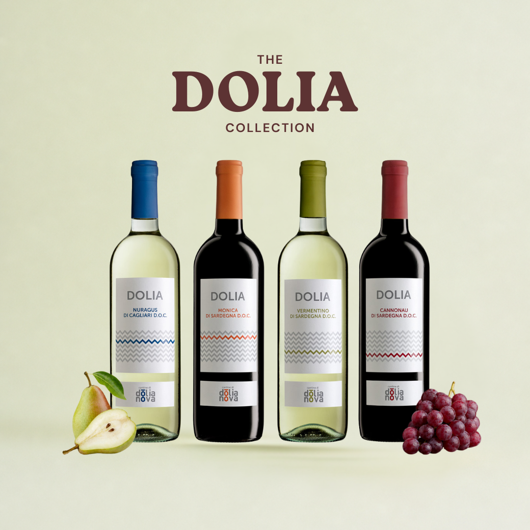 Dolia Collection Sardinian wine case with red and white wines, grapes and pear on a soft neutral background by Cantina di Dolianova