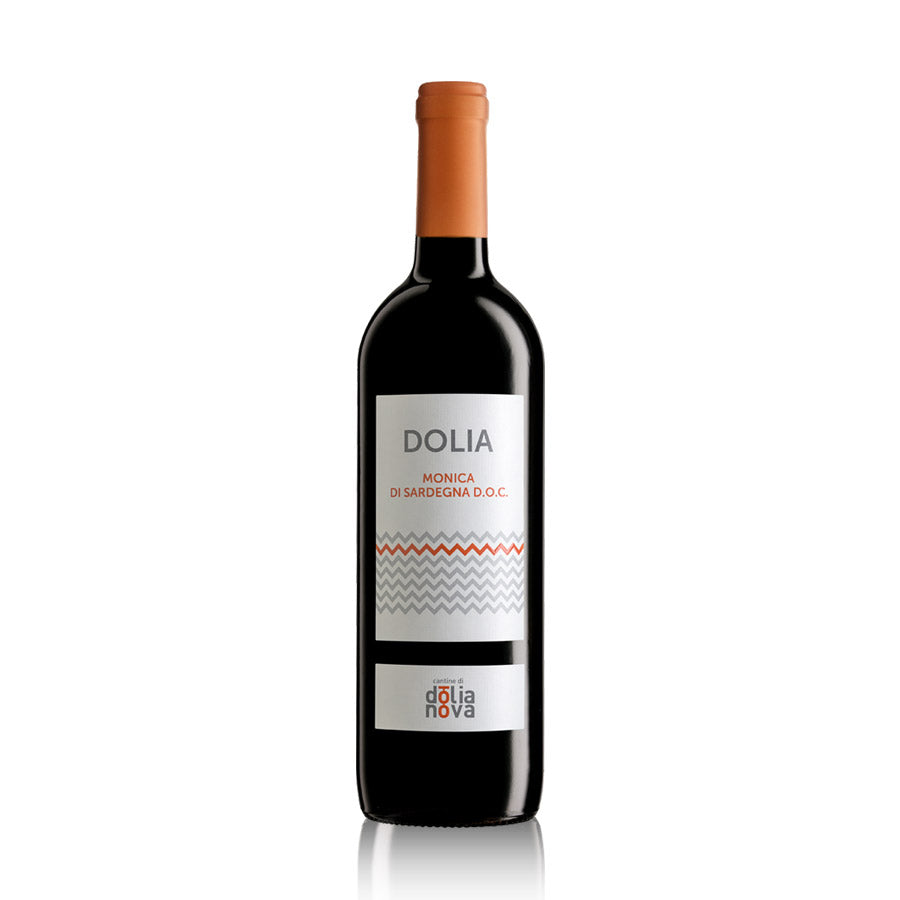 Dolia Monica di Sardegna DOC red wine bottle from Sardinia by Cantina di Dolianova on a white background