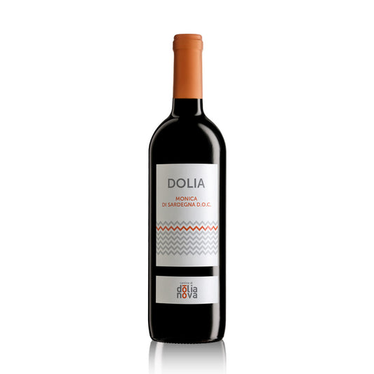 Dolia Monica di Sardegna DOC red wine bottle from Sardinia by Cantina di Dolianova on a white background
