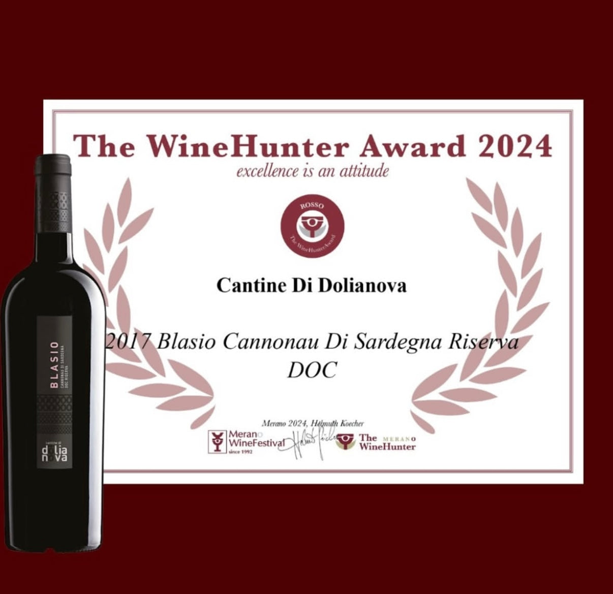 Blasio Cannonau di Sardegna Riserva DOC awarded WineHunter Award 2024 by Merano Wine Festival
