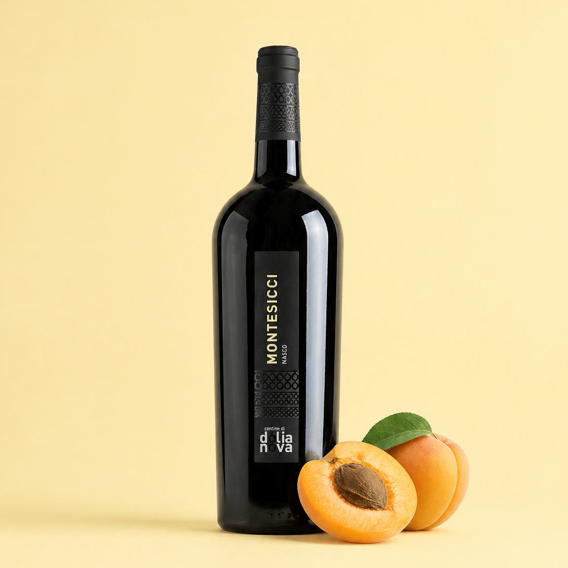 Montesicci Nasco di Sardegna white wine bottle with fresh apricot on a soft yellow background