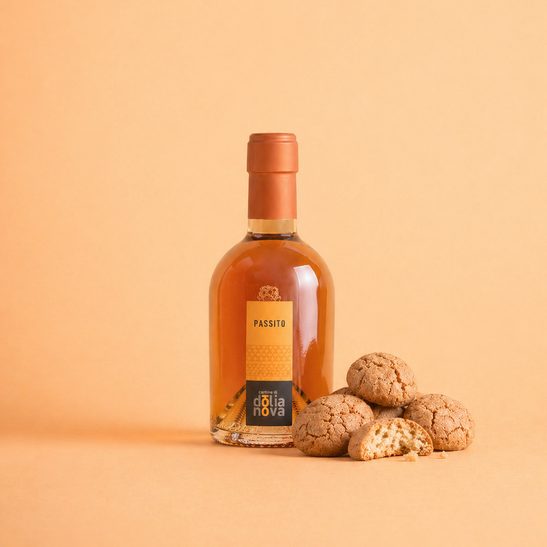 Passito Moscato Sardinian dessert wine bottle with amaretti biscuits on a warm neutral background