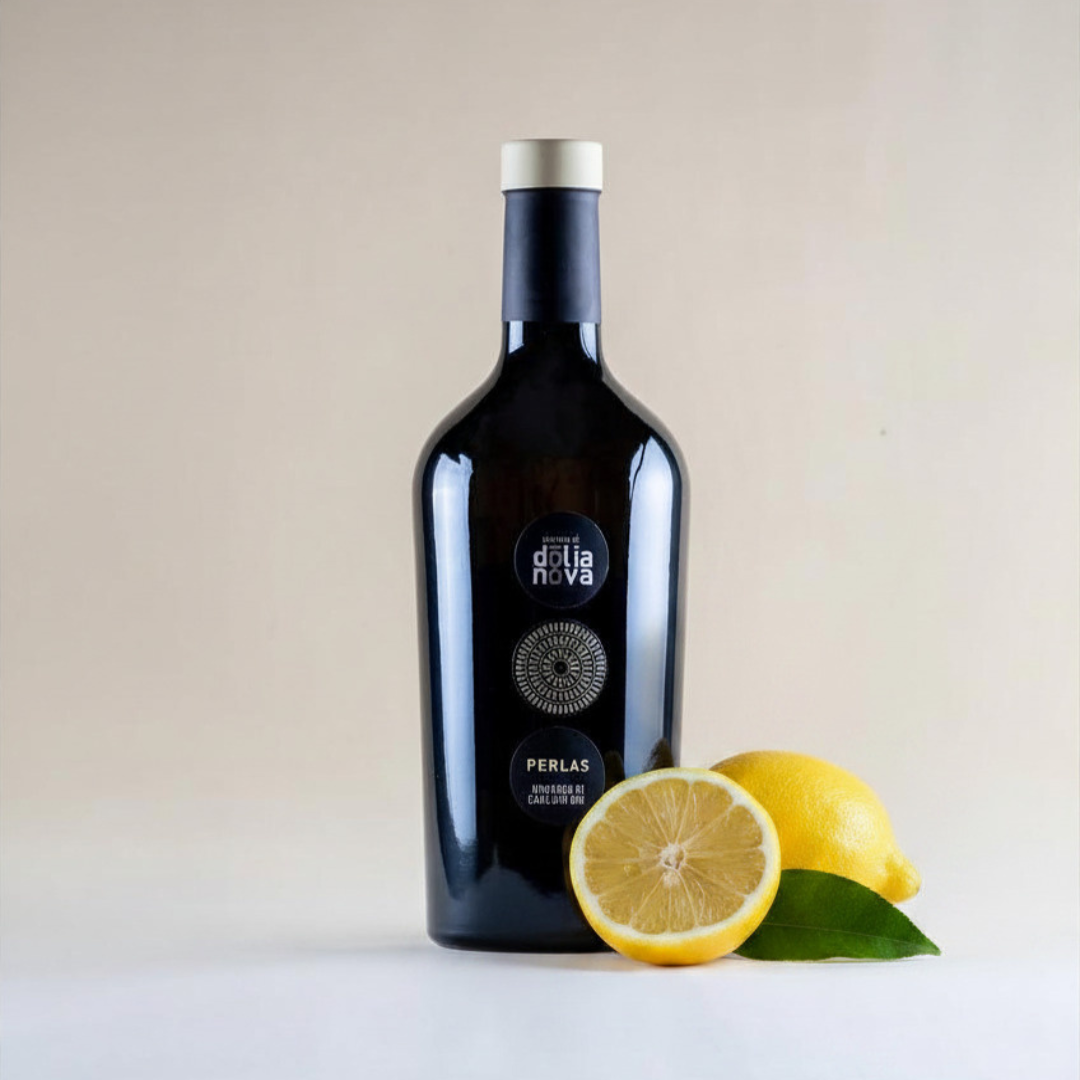 Perlas Nuragus di Cagliari Sardinian white wine bottle with fresh lemon on a light neutral background