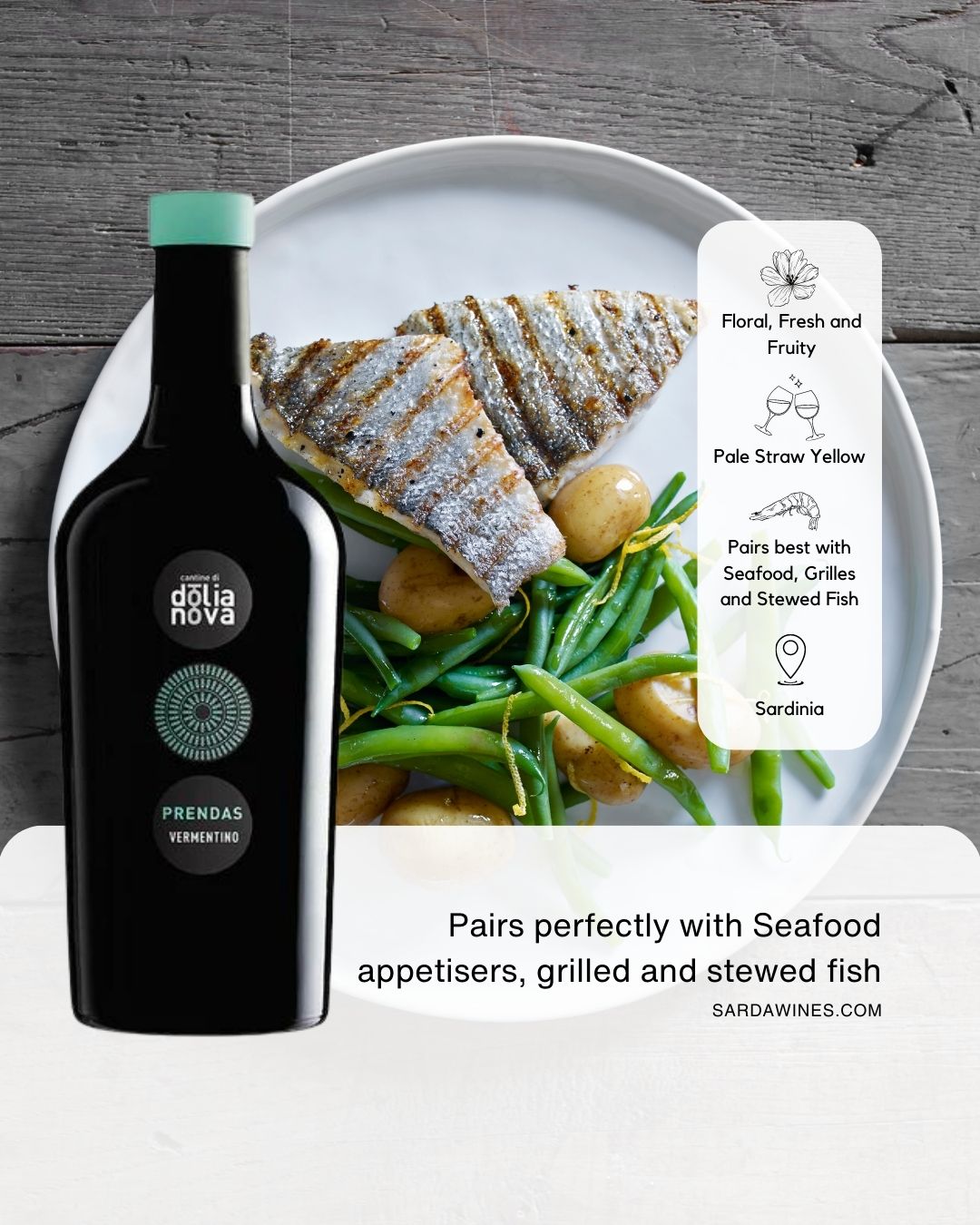 Prendas Vermentino di Sardegna DOC paired with grilled seafood and vegetables