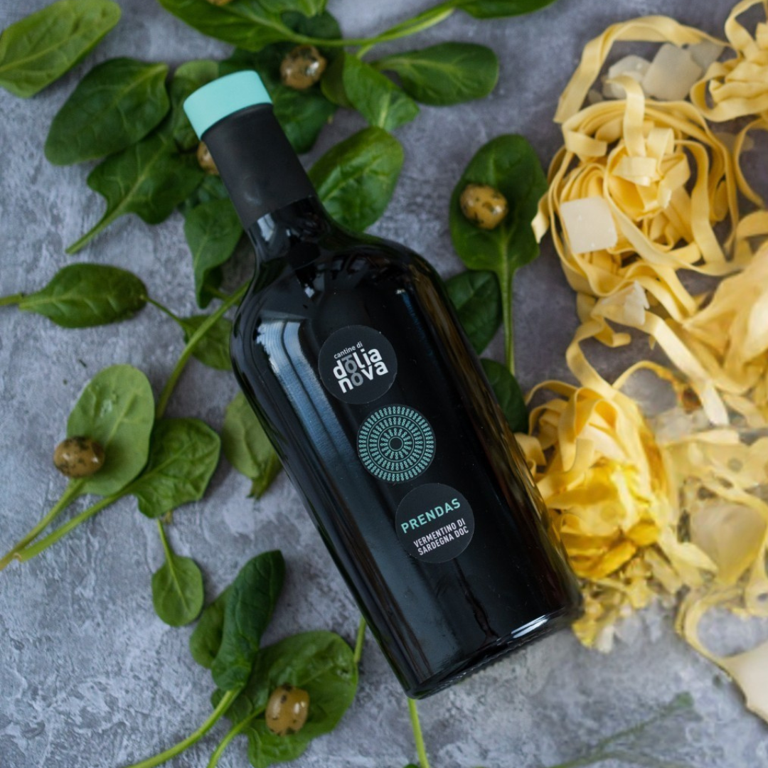 Prendas Vermentino di Sardegna DOC by Cantina di Dolianova paired with fresh pasta and Mediterranean ingredients