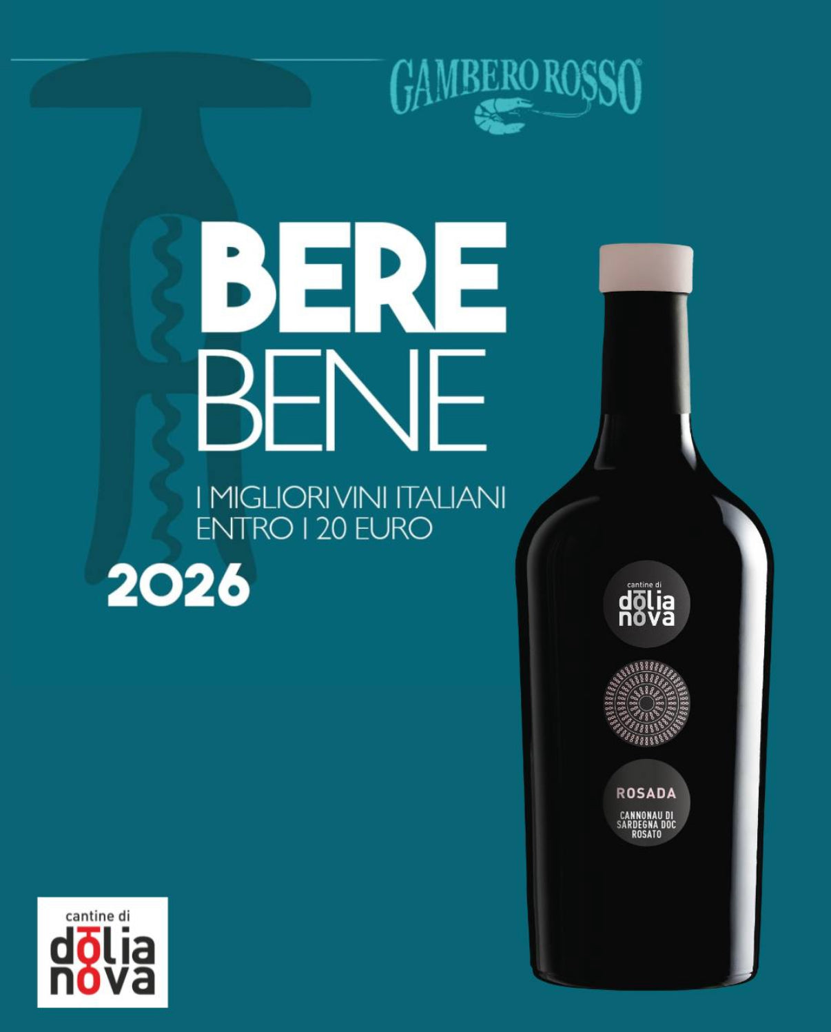 Rosada Cannonau di Sardegna rosé wine awarded by Gambero Rosso 2026 with bottle on teal background