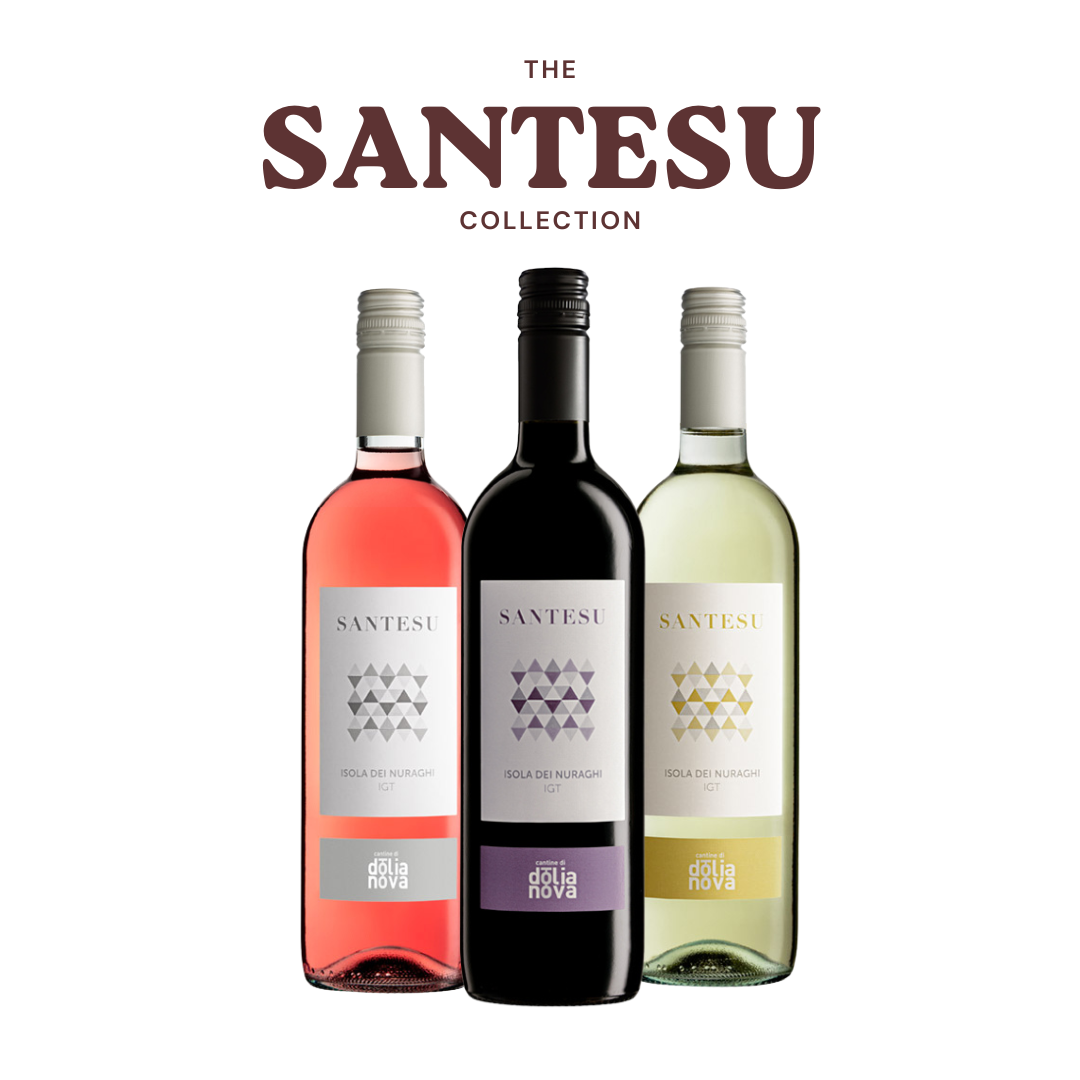 The Santesu Collection Sardinian wine case with red, white and rosé bottles on a white background