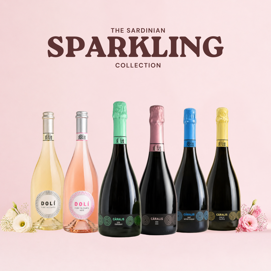 Sardinian sparkling wine collection with six bottles on a pink background with flowers, ideal for aperitivo
