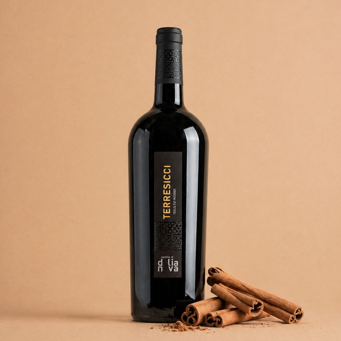 Terresicci Barbera Sarda  red wine with cinnamon spice on a warm neutral background
