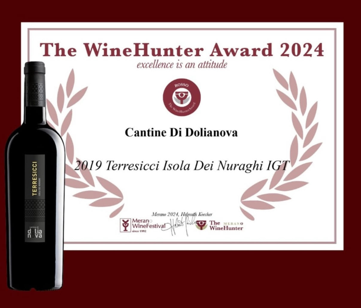 Terresicci Isola dei Nuraghi IGT Sardegna red wine with WineHunter Award 2024 certificate from Merano Wine Festival