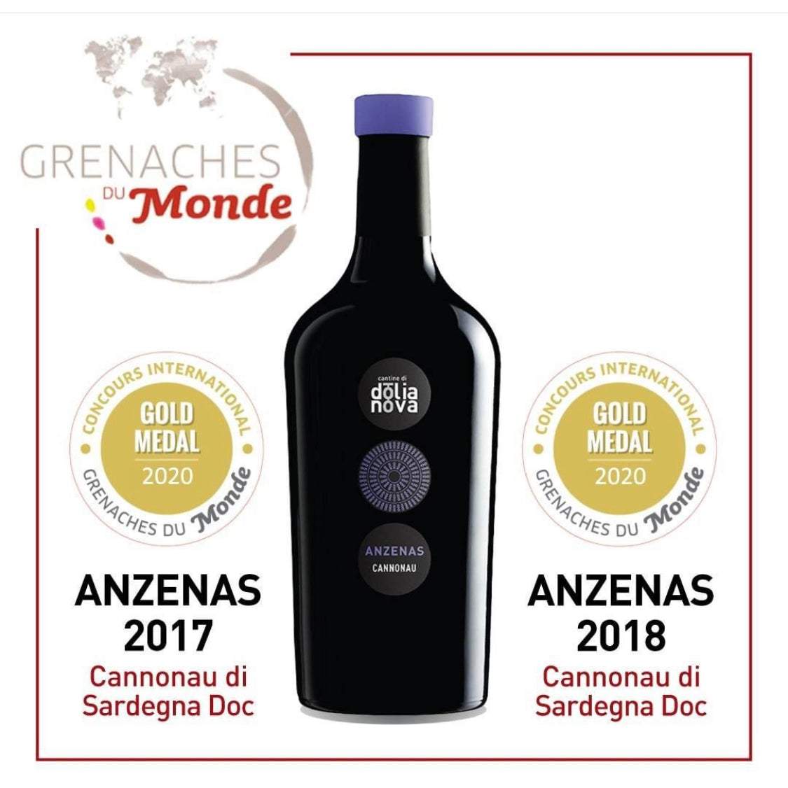 Anzenas Cannonau di Sardegna DOC gold medal winner Grenaches du Monde 2017, 2018 and 2020