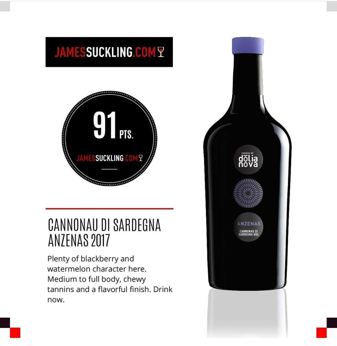Anzenas Cannonau di Sardegna DOC rated 91 points by James Suckling