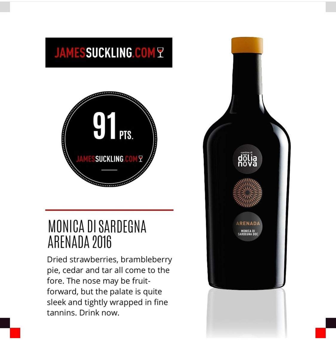 Arenada Monica di Sardegna DOC 91 points James Suckling wine rating
