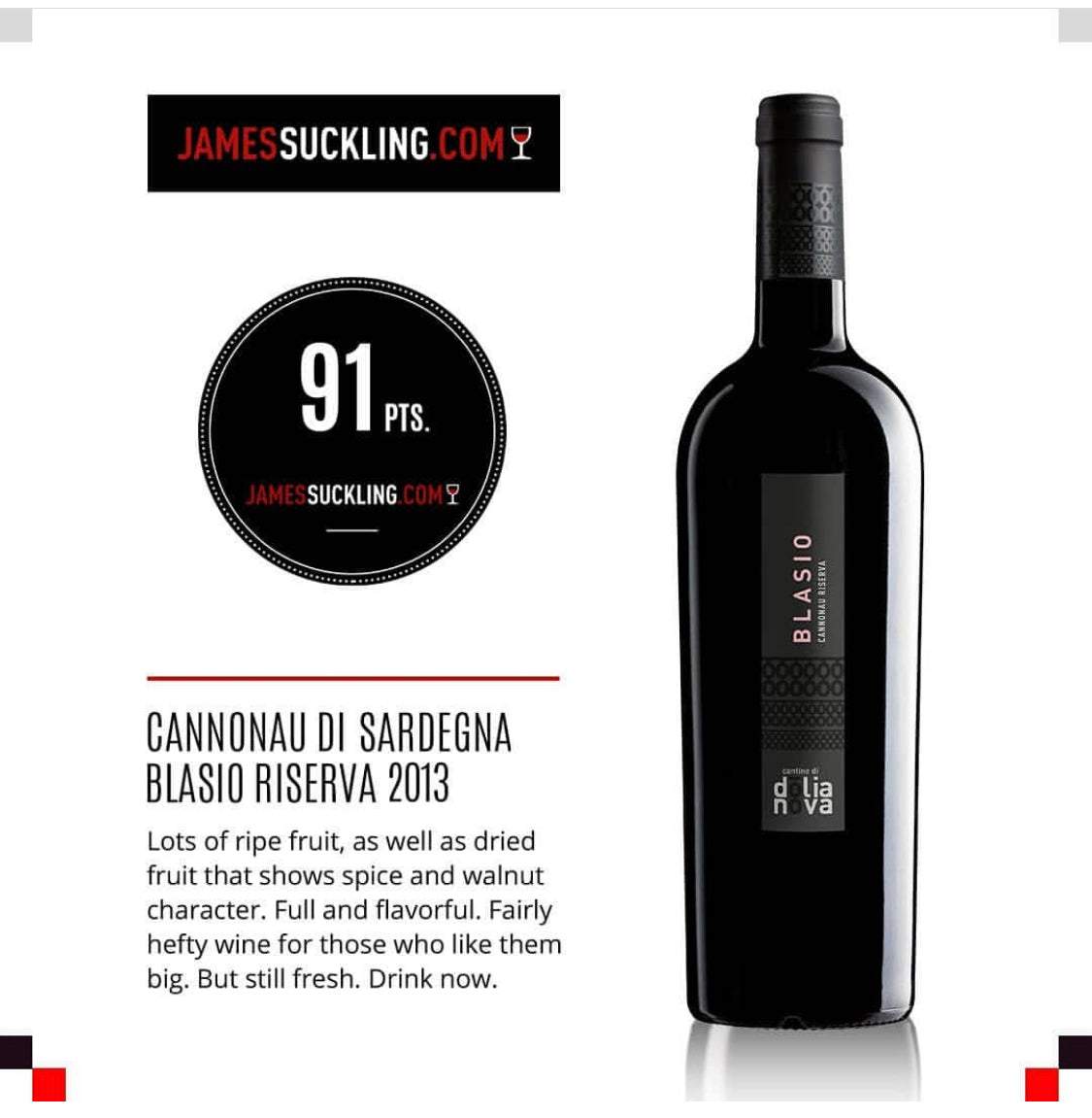 Blasio Cannonau di Sardegna Riserva awarded 91 points by James Suckling
