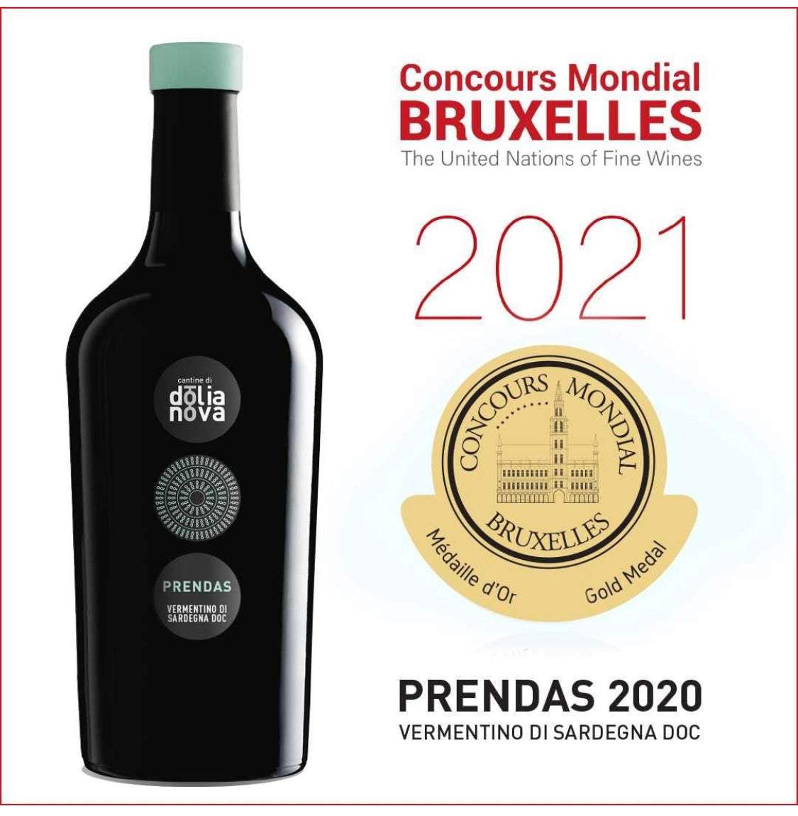 Concours Mondial Bruxelles 2021 Gold Medal awarded to Prendas Vermentino di Sardegna DOC 2020